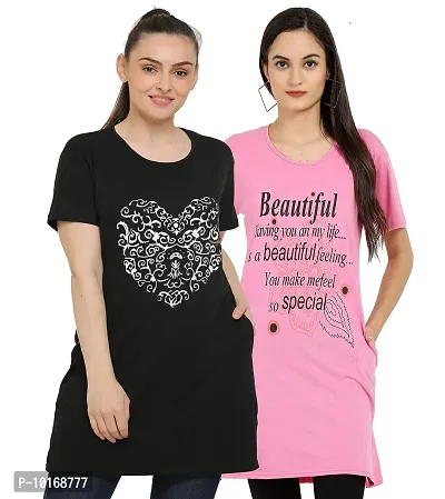 DDASPRATION Women's Printed Pocket Long T-Shirt (Black+Baby Pink)