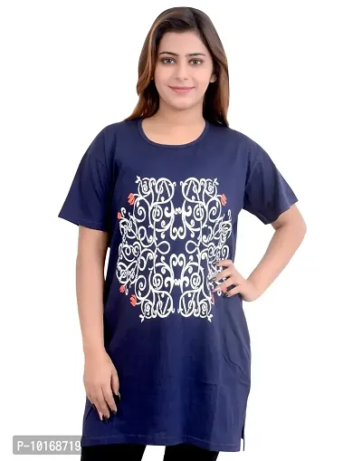 DDASPRATION Women Printed Long T-Shirt (Large, Navy Blue)