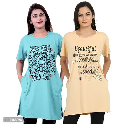 DDASPRATION Women Printed Long T-Shirt (2.0-Firozi,Skin)