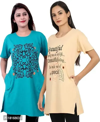 DDASPRATION Women Printed Long T-Shirt (Firozi,Skin)