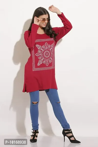 DDASPRATION Women Cotton Long T-Shirt Maroon-thumb2