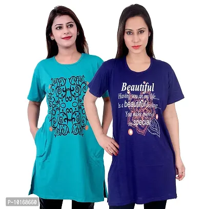 DDASPRATION Women Printed Long T-Shirt (Firozi,Royal Blue)-thumb0