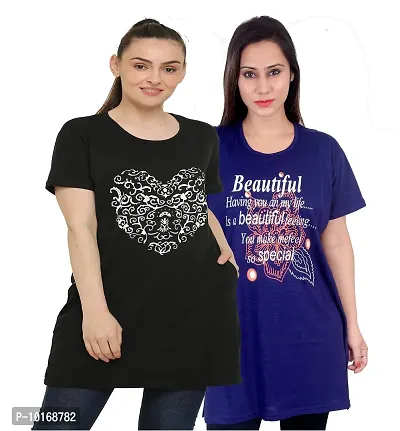 DDASPRATION Women's Printed Pocket Long T-Shirt (Black+Royal Blue)