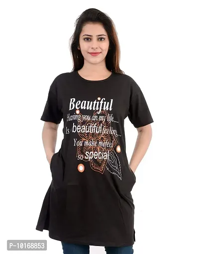 DDASPRATION Women's Printed Pocket Long T-Shirt (BTF,Black)