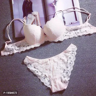 Stylish Pink Bra  Panty Set For Women