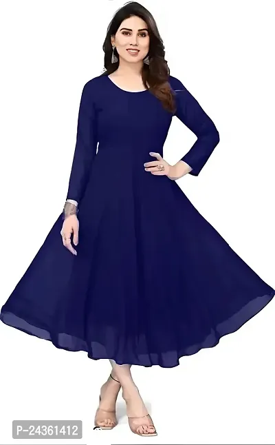 Trendy Blue Georgette Solid Flared Kurta For Women-thumb0