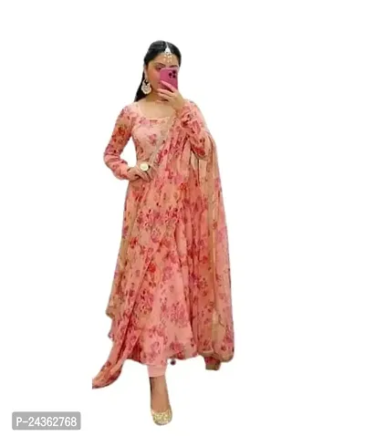 JAY ALAKHDHANI TRENDZ Womens Georgette Full Sleeve Square Neck Calf Length Printed Kurta with Dupatta (WK-113)-thumb0