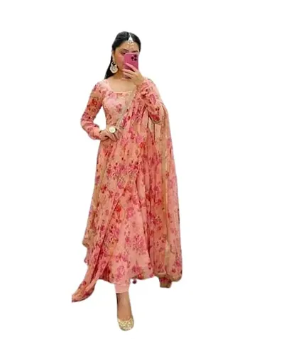 JAY ALAKHDHANI TRENDZ Womens Georgette Full Sleeve Square Neck Calf Length Kurta with Dupatta (WK-113)