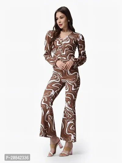 Contemporary Brown Polyester Spandex Printed Co-Ords Sets For Women-thumb0