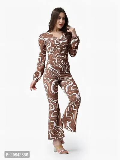 Contemporary Brown Polyester Spandex Printed Co-Ords Sets For Women-thumb3