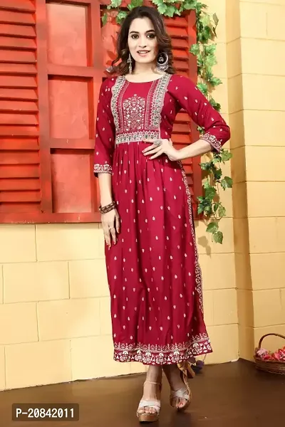 Designer Maroon Embroidered Rayon Kurta For Women