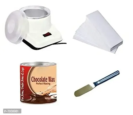 A combo kit for waxing ( White wax heater + Chocolate wax(600g) + 60piece strips 100gsm + Wax knife)