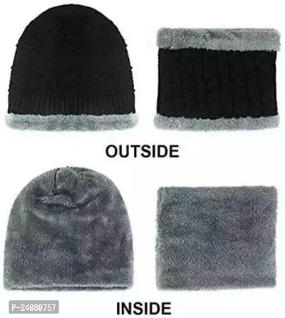 Classy Woolen Solid Beanie Cap with Neck Warmer for Unisex-thumb3