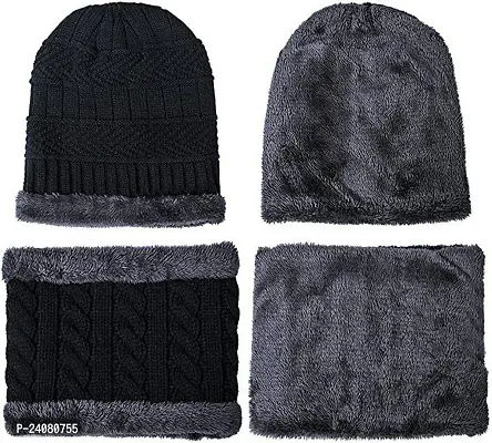 Classy Woolen Solid Beanie Cap with Neck Warmer for Unisex-thumb3