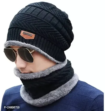 Classy Woolen Solid Beanie Cap with Neck Warmer for Unisex-thumb0