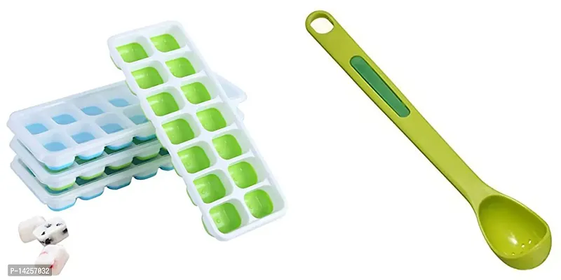 Silicone Ice Cube Tray with LidsAnd 2 in 1 Pickle Olive Long Spoon Fork Strainer Cutlery Drainer Kitchen Tool 1pc