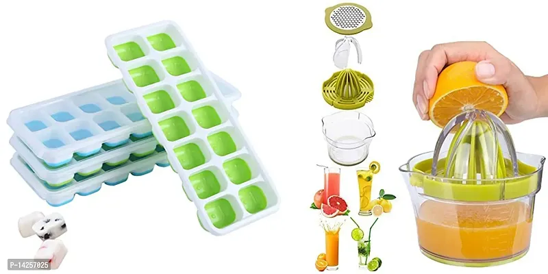 Silicone Ice Cube Tray with LidsAnd Manual Juicer 4 In 1 Multifunctional Lemon Squeezer Orange Citrus Juicer