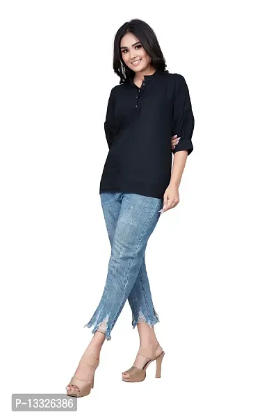 MK Marketing? Women's Indo-Westernd Solid Rayon Collared Mandarin Collar Top (Black)-thumb0