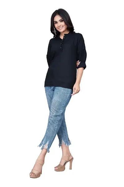 MK Marketing? Women's Indo-Westernd Solid Rayon Collared Mandarin Collar Top (Dark Blue) Size:-XX-Large