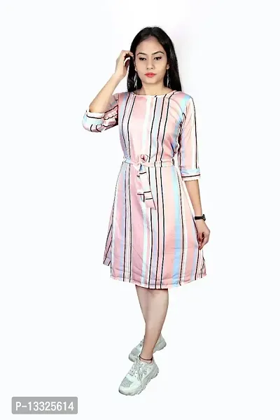 MK MARKETING? Women's One Piece Crepe Material for Women's and Girl's with 3/4th Sleeve and Round Neck Knee Length Digital Printed Summer Western Dress (Pink)-thumb4