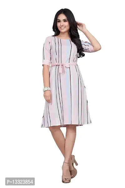 MK Marketing? Women's Crepe with Digital Printed Knee Length Color Block Half Sleeve Western Dress (Pink)