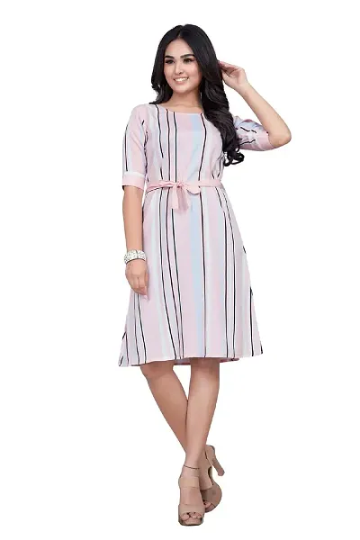 MK Marketing? Women's Crepe with Digital Knee Length Color Block Half Sleeve Western Dress (Pink)