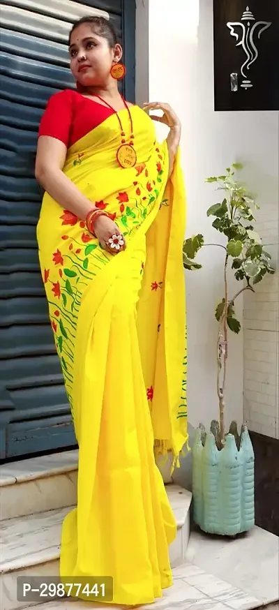 Stylish Yellow Cotton Saree With Blouse Piece For Women-thumb4