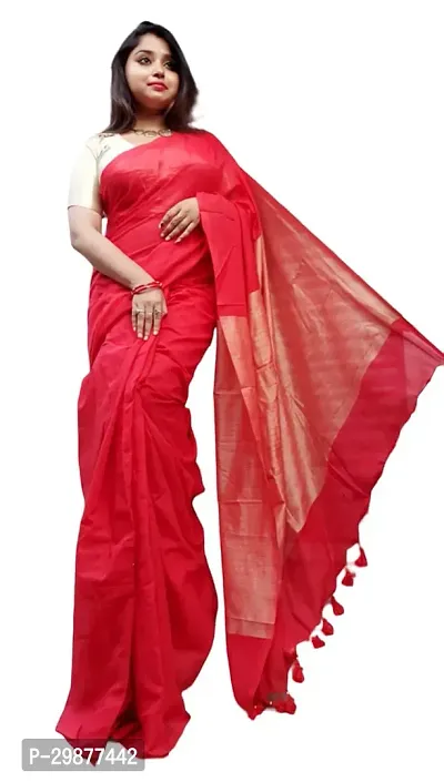 Stylish Red Cotton Saree With Blouse Piece For Women-thumb0