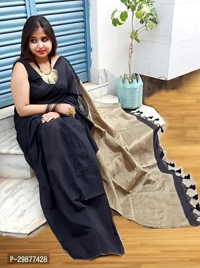 Stylish Black Cotton Saree With Blouse Piece For Women-thumb4