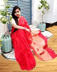 Stylish Red Cotton Saree With Blouse Piece For Women-thumb2