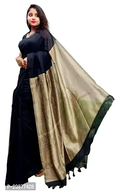 Stylish Black Cotton Saree With Blouse Piece For Women-thumb0