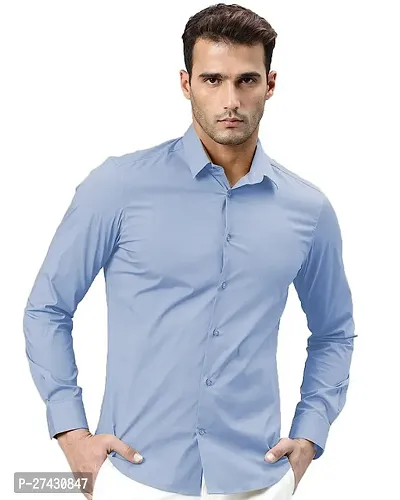 Stylish Blue Cotton Solid Long Sleeves Shirt For Men-thumb0