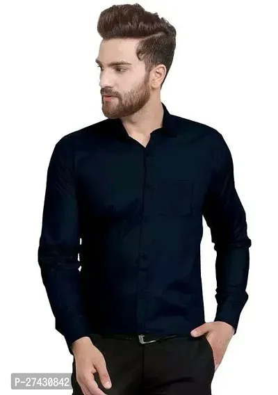 Stylish Navy Blue Cotton Solid Long Sleeves Shirt For Men-thumb0