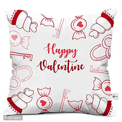 Classic Satin Stylish Happy Valentine Text with Cake and Heart Lock Printed Cushion Cover with Filler-White, Gift for Friend, Wife, Husband Special
