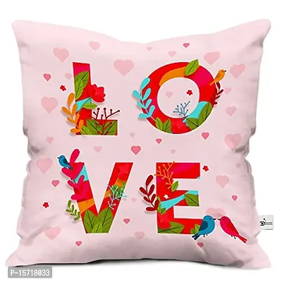 Classic Satin Stylish Love Text Leaves and Birds Printed Cushion Cover 12x12 with Filler-Pink- Birthday Gift for Girl, Boy, Gift for Girlfriend