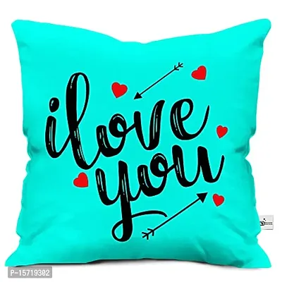 Classic Satin Typography I Love You Text with Hearts Printed Cushion Cover 12x12 with Filler-Blue- Birthday Gift for Girl, Boy, Gift for Girlfriend-thumb0