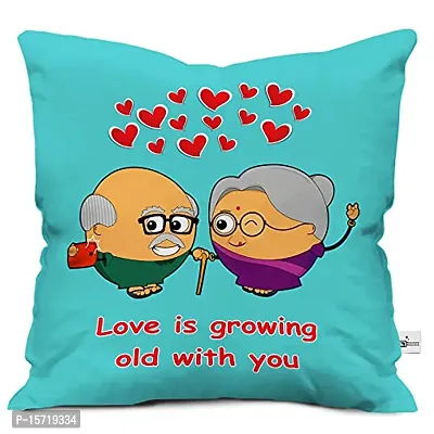 Classic Micro Satin Love is Growing Old with You Text Printed 1 Cushion/Pillow Cover with Filler (12x12 Inches, Blue)