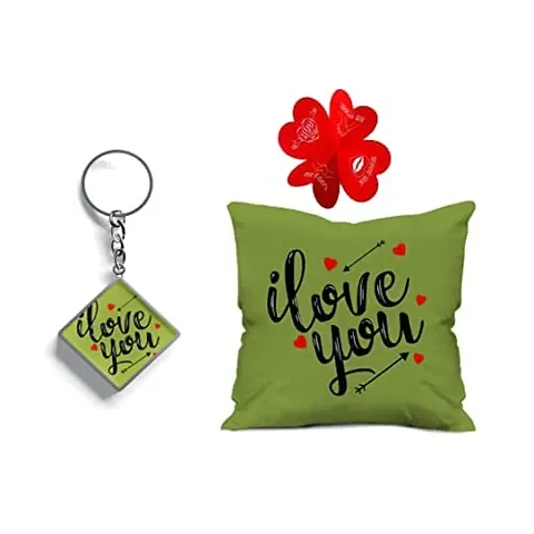 Classic Love You Printed Green Cushion Cover 12x12-inch with Filler and Keychain, Heart Love Card, Gift for Girlfriend, Wife, Her, Birthday, Anniversary, Spouse