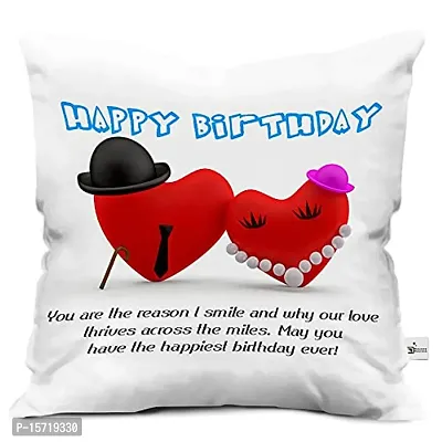 Classic Micro Satin Heart Shape Happy Birthday Cushion/Pillow Cover with Filler (12x12 Inches, White)