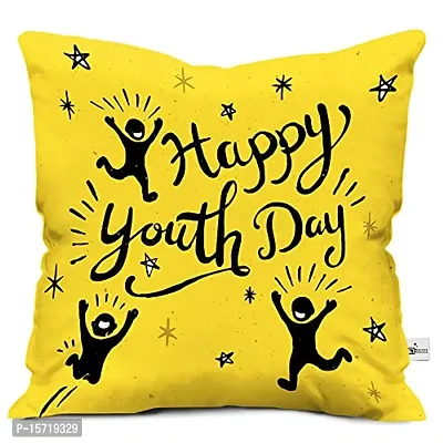 Classic Satin Happy Youth Day Text Micro Satin Cushion Cover 12x12 with Filler-Yellow