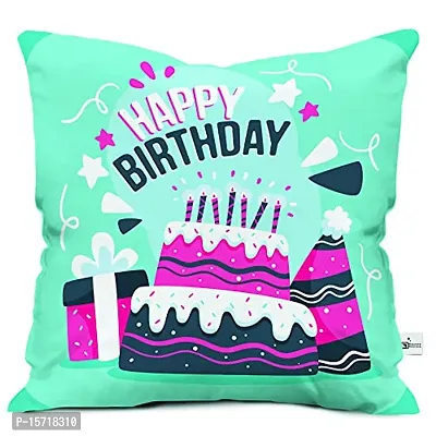 Classic Satin Illustrator Design Happy Birthday Celebration Events Printed Cushion Cover 12 x 12 with Filler, Blue- Birthday Gift for Girl, Gift for Boy, Gift for Friends