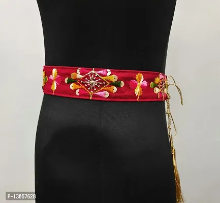 Red Cloth Embroidered Saree Kamarband Belly Waist Hip Belt Stretchable For Wedding-thumb3