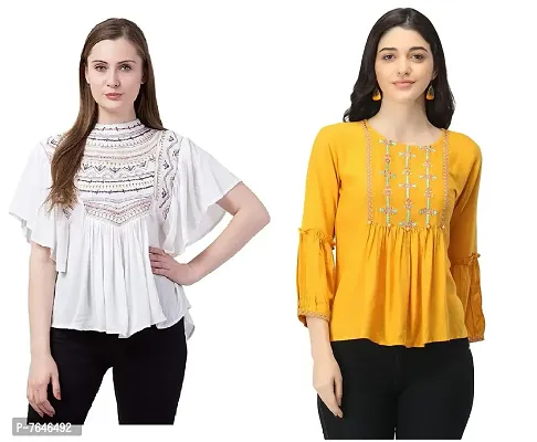 Shoppy Assist Women's Casual Trendy Embroidered Fusion Top- Combo Pack(2) with Loose fit Kaftan Tops (38, MUSTURD-White)