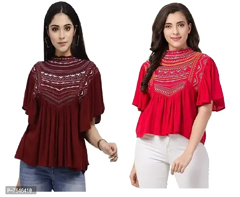 Shoppy Assist Women's Trendy Kaftan Style Loose Fit Top- Multicolor-Combo Pack of 2 (42, Maroon- RED)