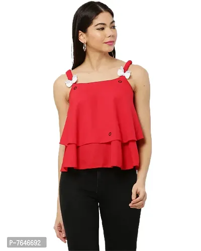 Shoppy Assist Women's Casual Flared Solid Sleeveless Top-Crop Fit (36, RED)