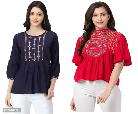 Shoppy Assist Women's Casual Trendy Embroidered Fusion Top- Combo Pack(2) with Loose fit Kaftan Tops (42, Navy Blue-RED)