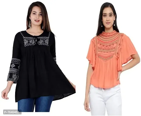 Shoppy Assist Women's Casual Trendy Embroidered Fusion Top- Combo Pack(2) with Loose fit Kaftan Tops