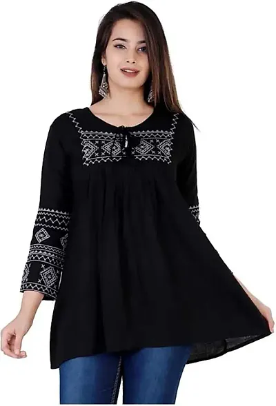 Loyster Women's Rayon Embroidered Long Sleeve Regular Top (Black)
