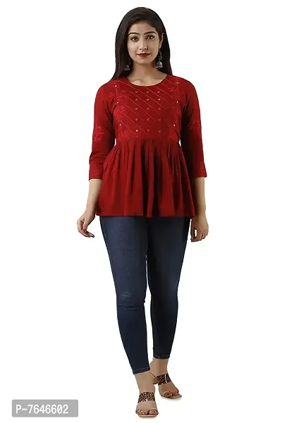 Shiva FAB Women's Rayon Embroidered Regular Fit Tops Black (Small, Maroon EMB)