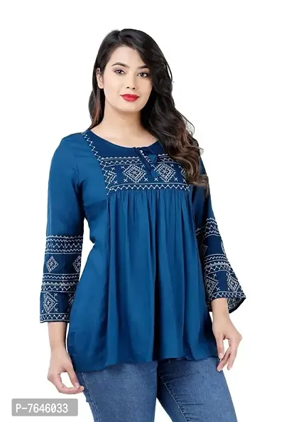 Tackles Rayon Nevy Blue Embroidery Work A-Line Tops